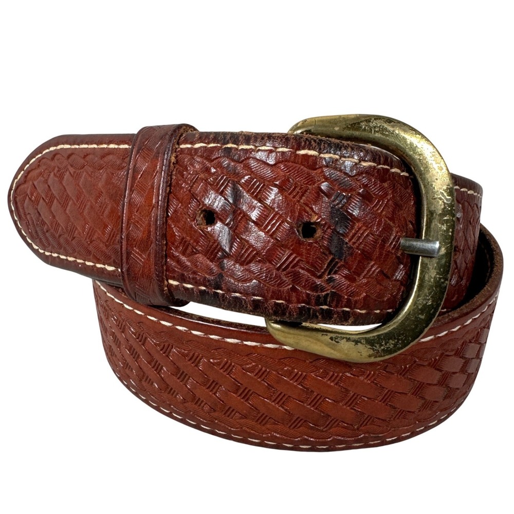 Cabelas Mens 32 Brown Basketweave Tooled Leather Belt Solid Brass Buckle Western